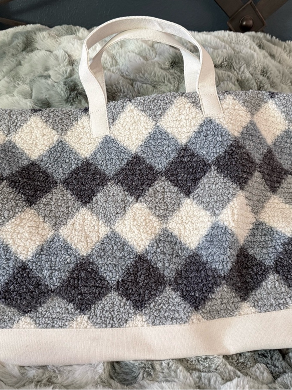 Anthropologie Cozy Sherpa Diamond-Pattern Tote in Blue and Cream, NWT - Picture 8 of 11